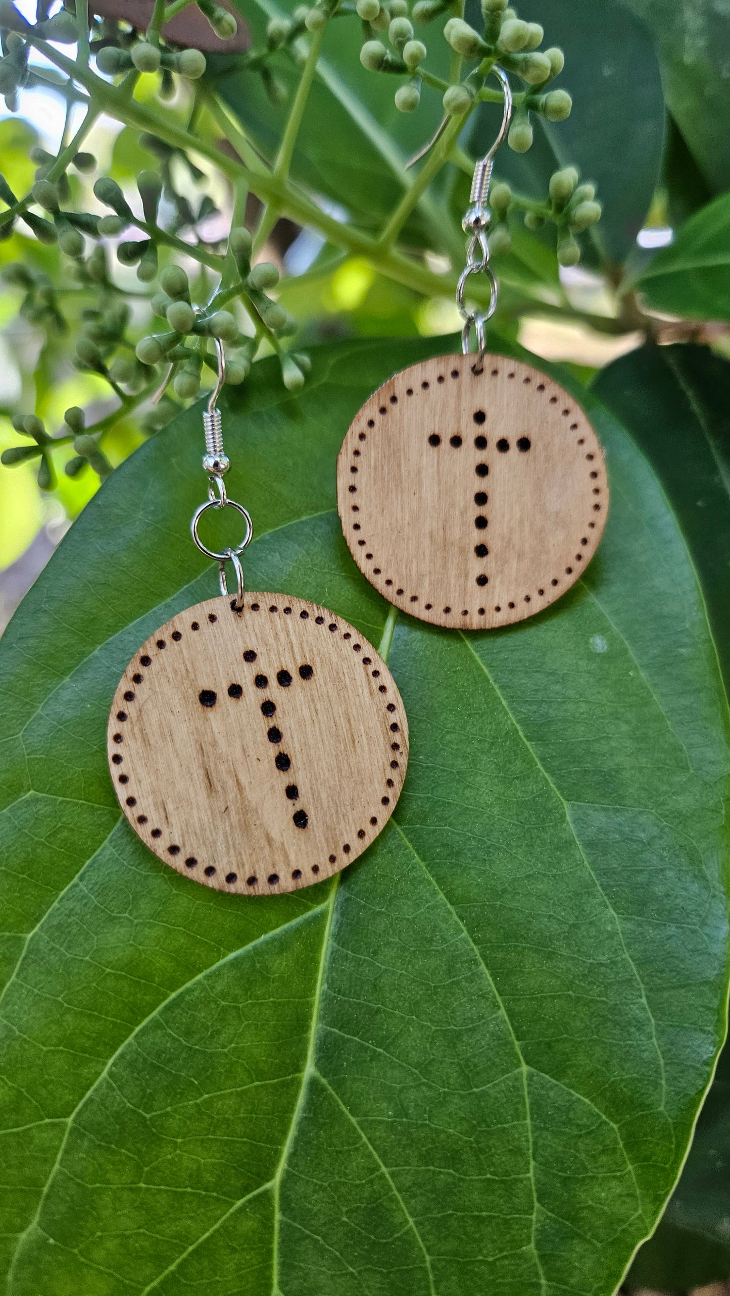 Round Small Woodburned Hook Earrings with Cross