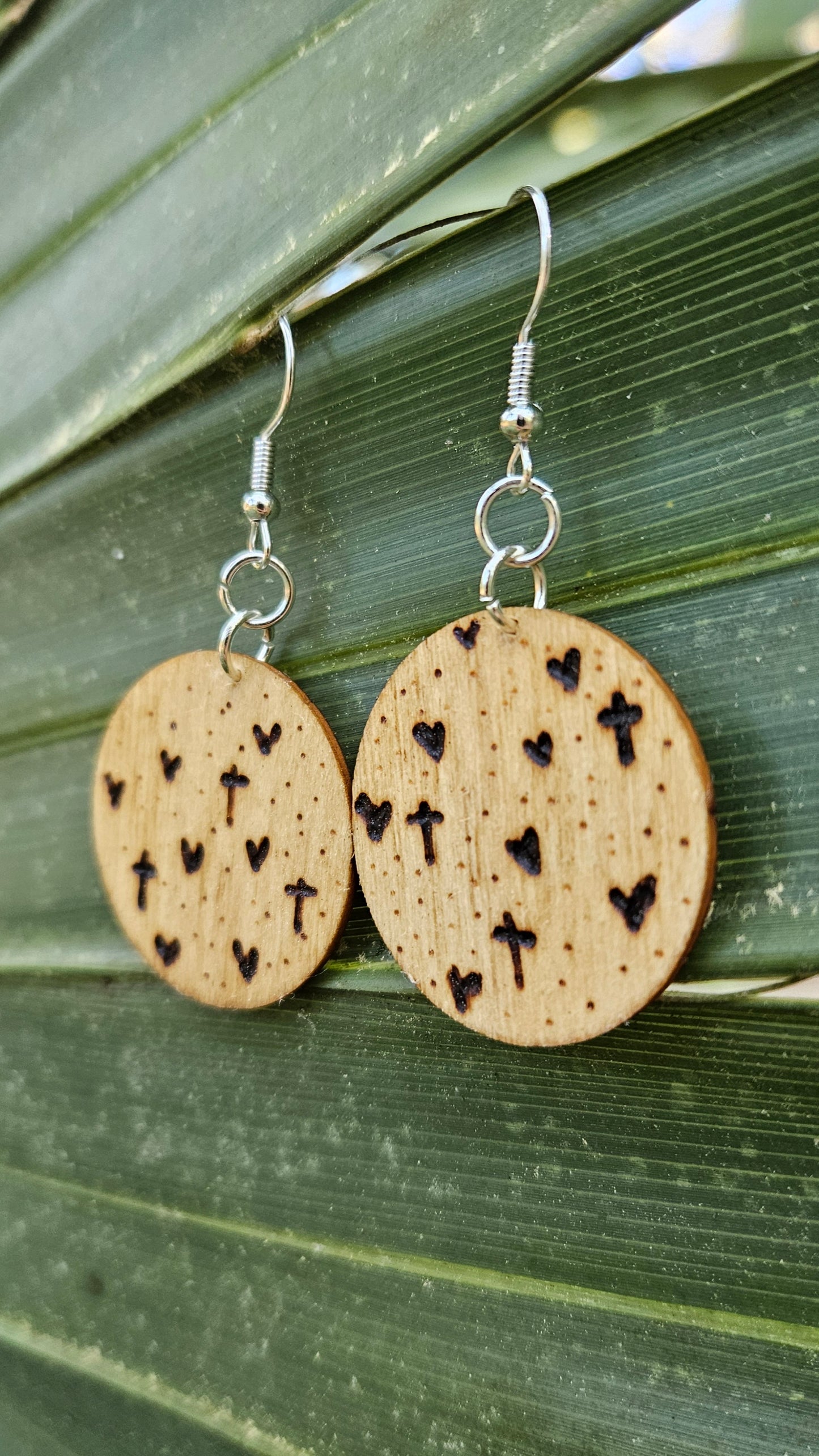 Round Woodburned Hook Earrings with Cross and Hearts