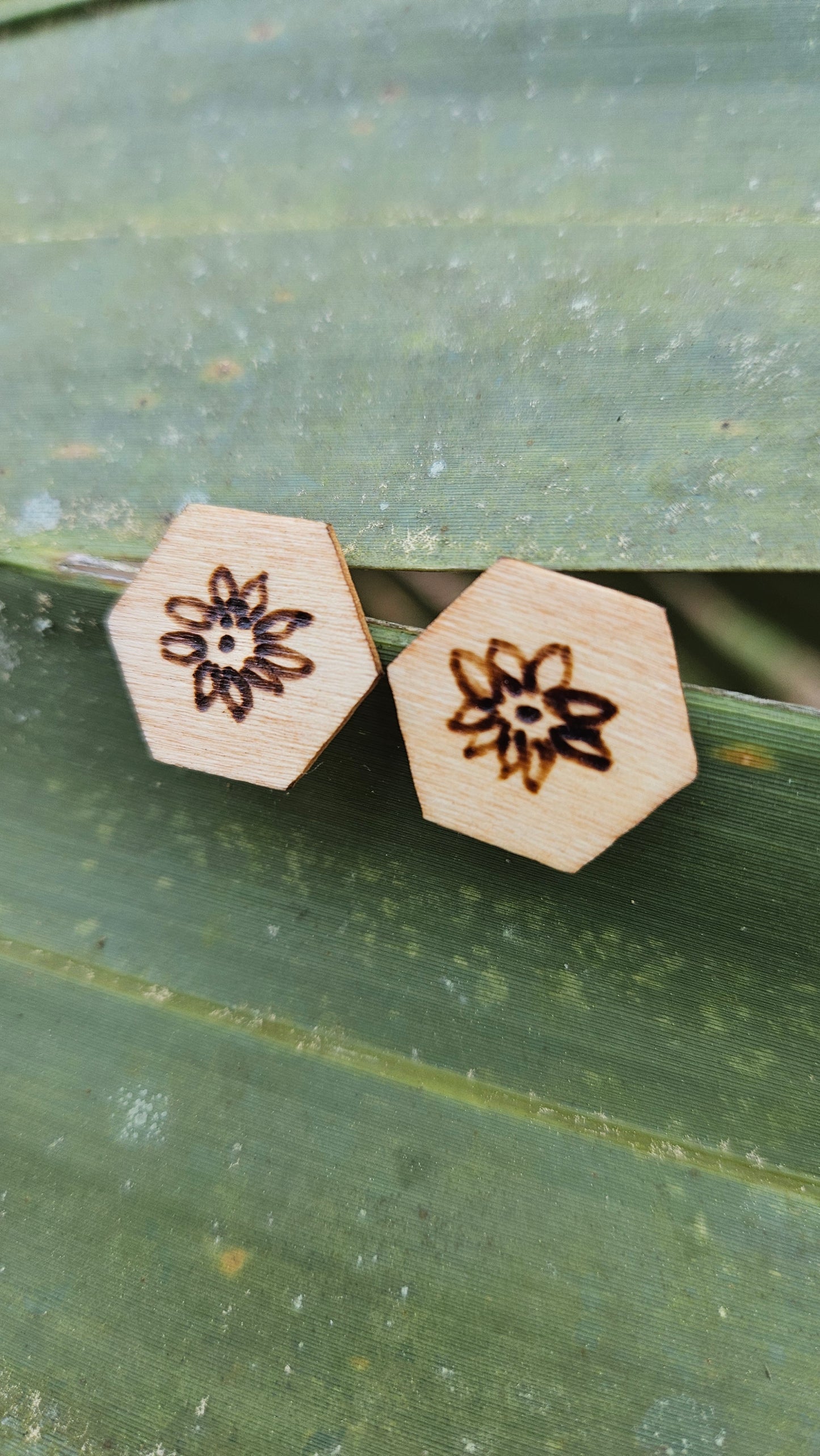 Woodburned Floral 9 Petal Stud Earrings