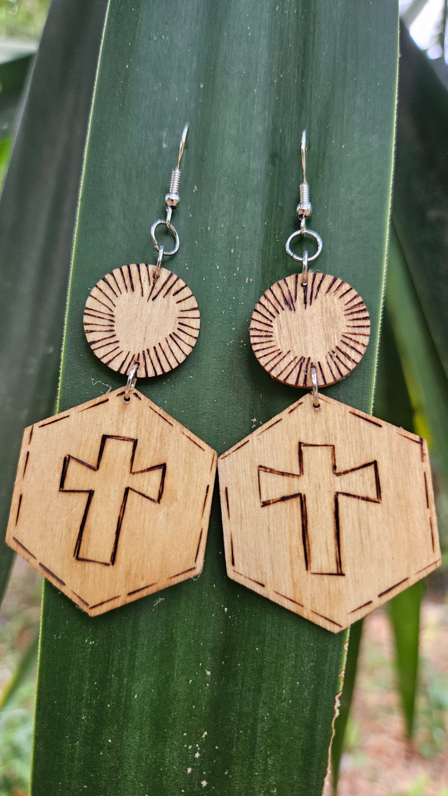 Oversized Large Woodburned Hook Earrings with Cross