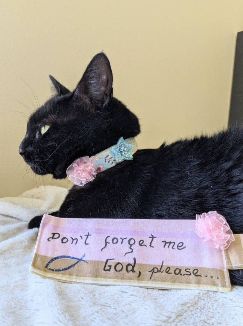 don't forget me god, please message to god fabric bookmark with cat wearing matching collar set