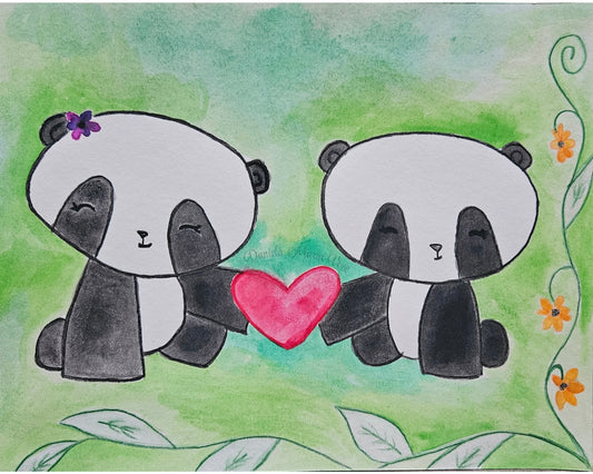 Cute Pandas Original Watercolor Painting