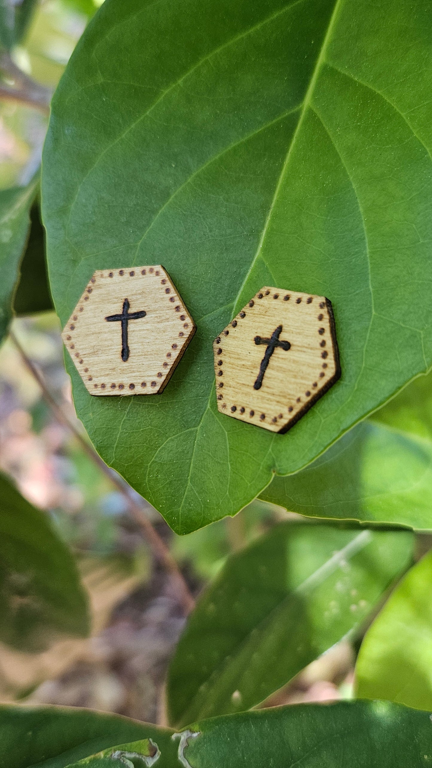 Woodburned Cross Stud Earrings