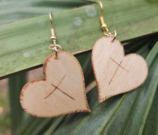 Heart Woodburned Hook Earrings with Crosses