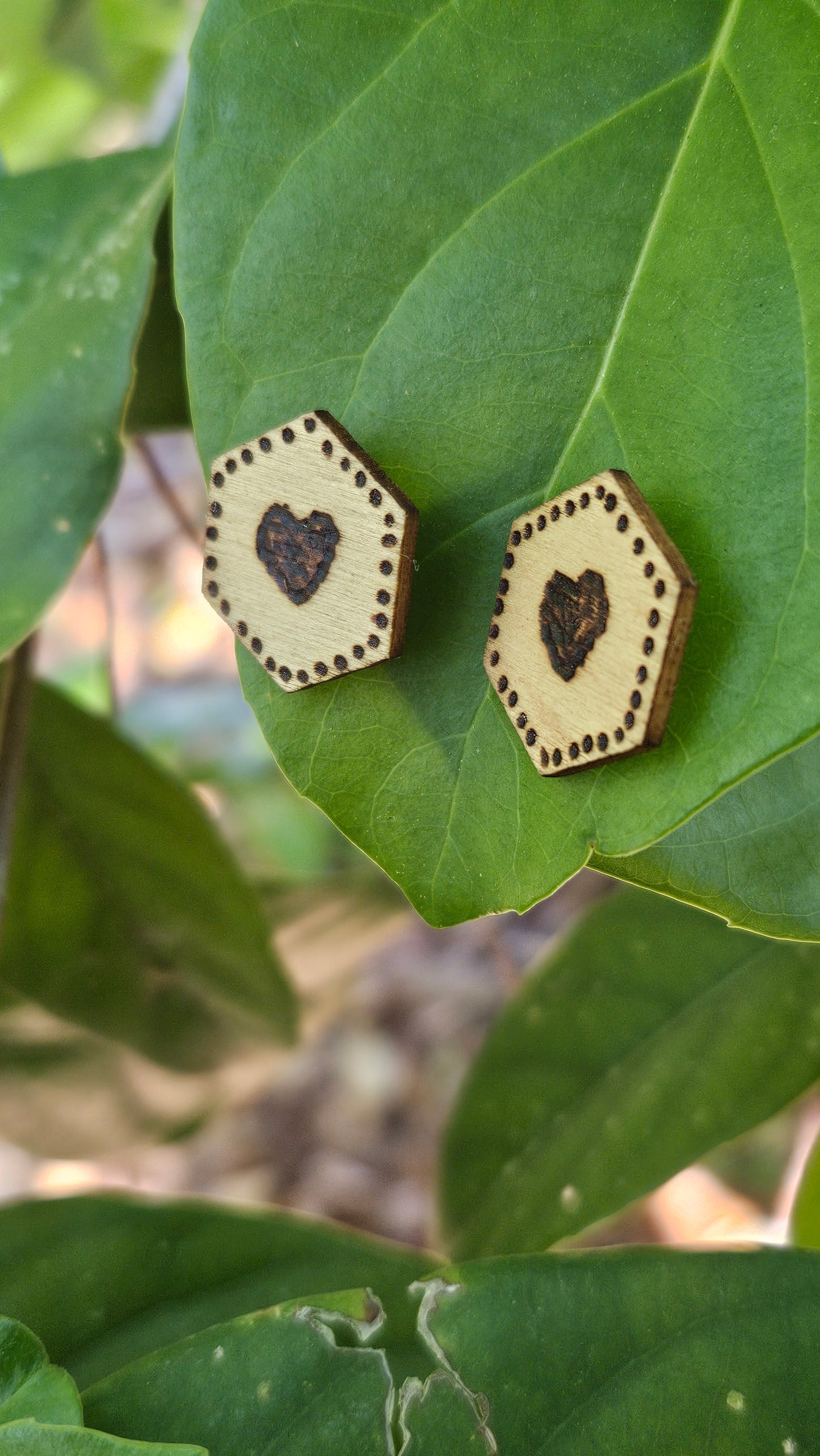Woodburned Heart Stud Earrings