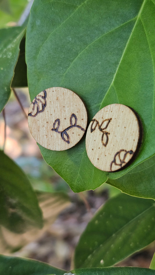 Woodburned Asymetrical Floral Stud Earrings