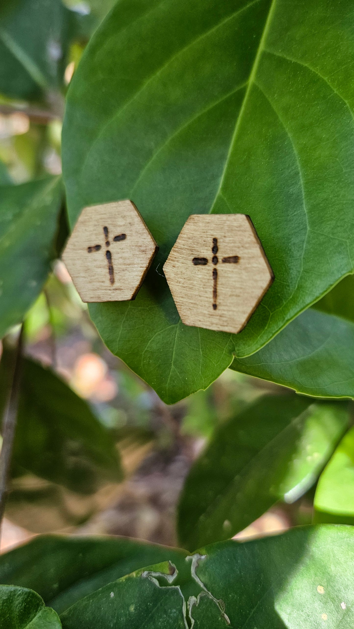 Woodburned Cross Stud Earrings