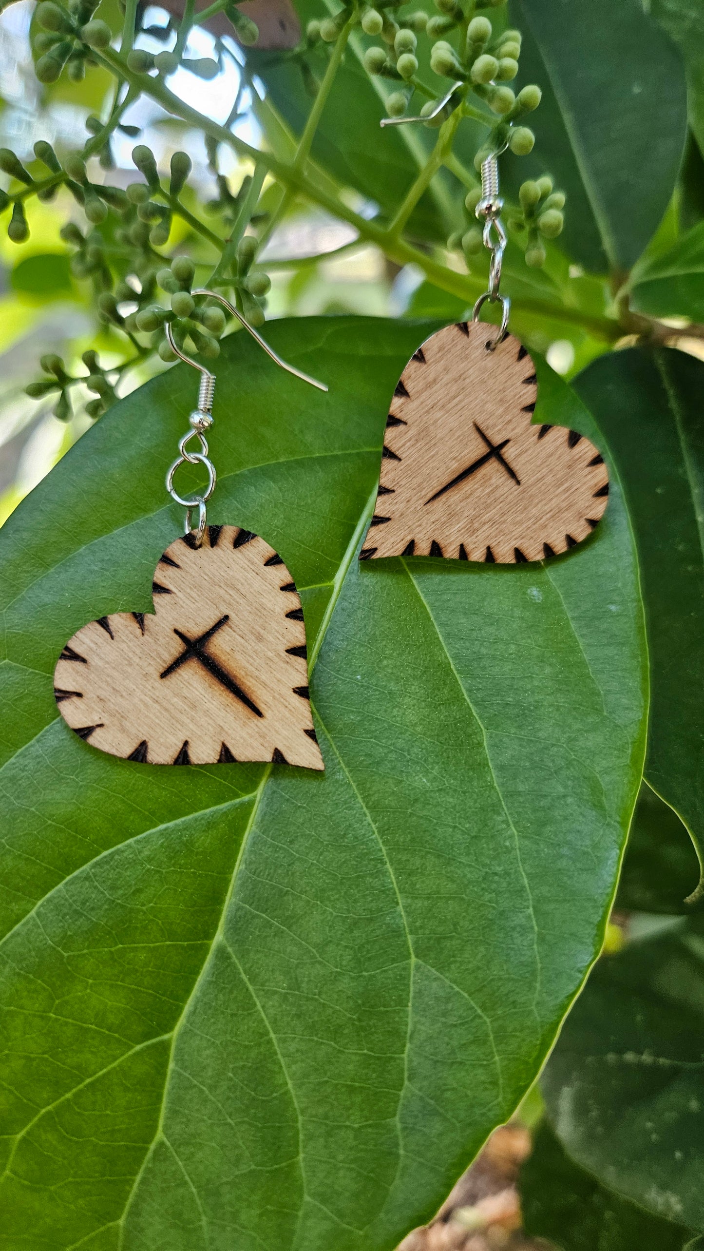 Heart Woodburned Hook Earrings with Crosses