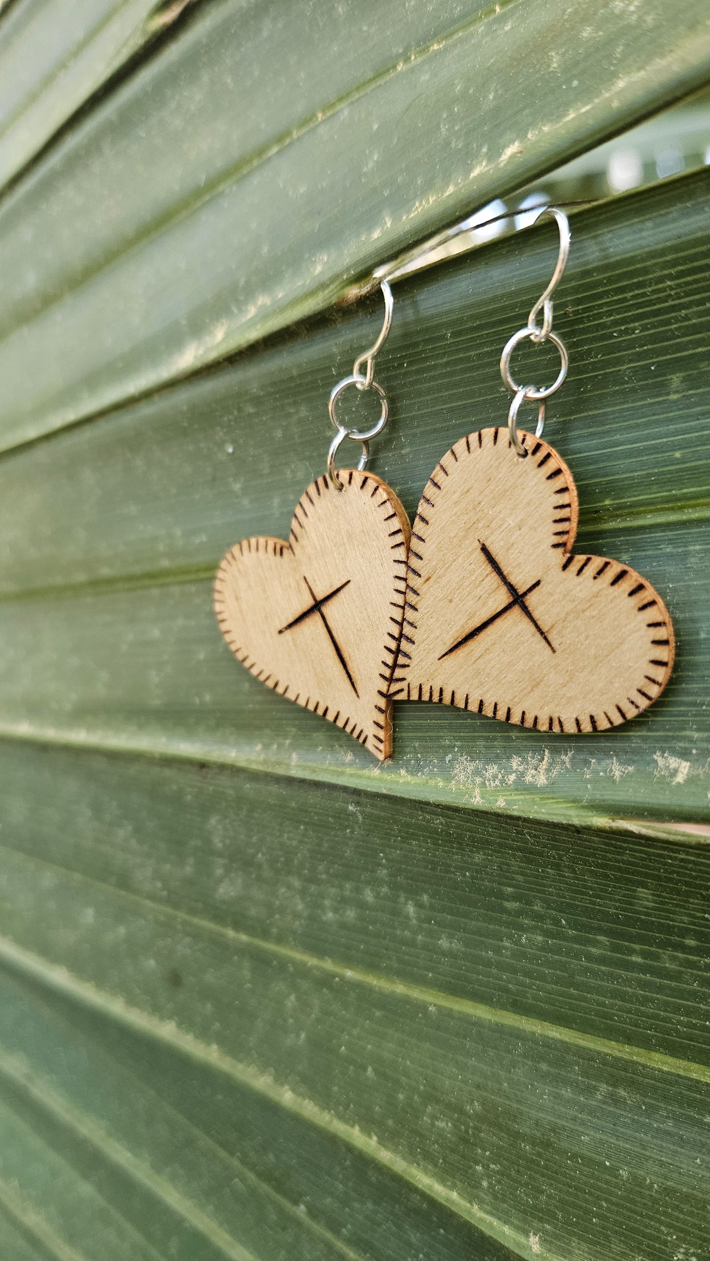 Heart Woodburned Hook Earrings with Crosses