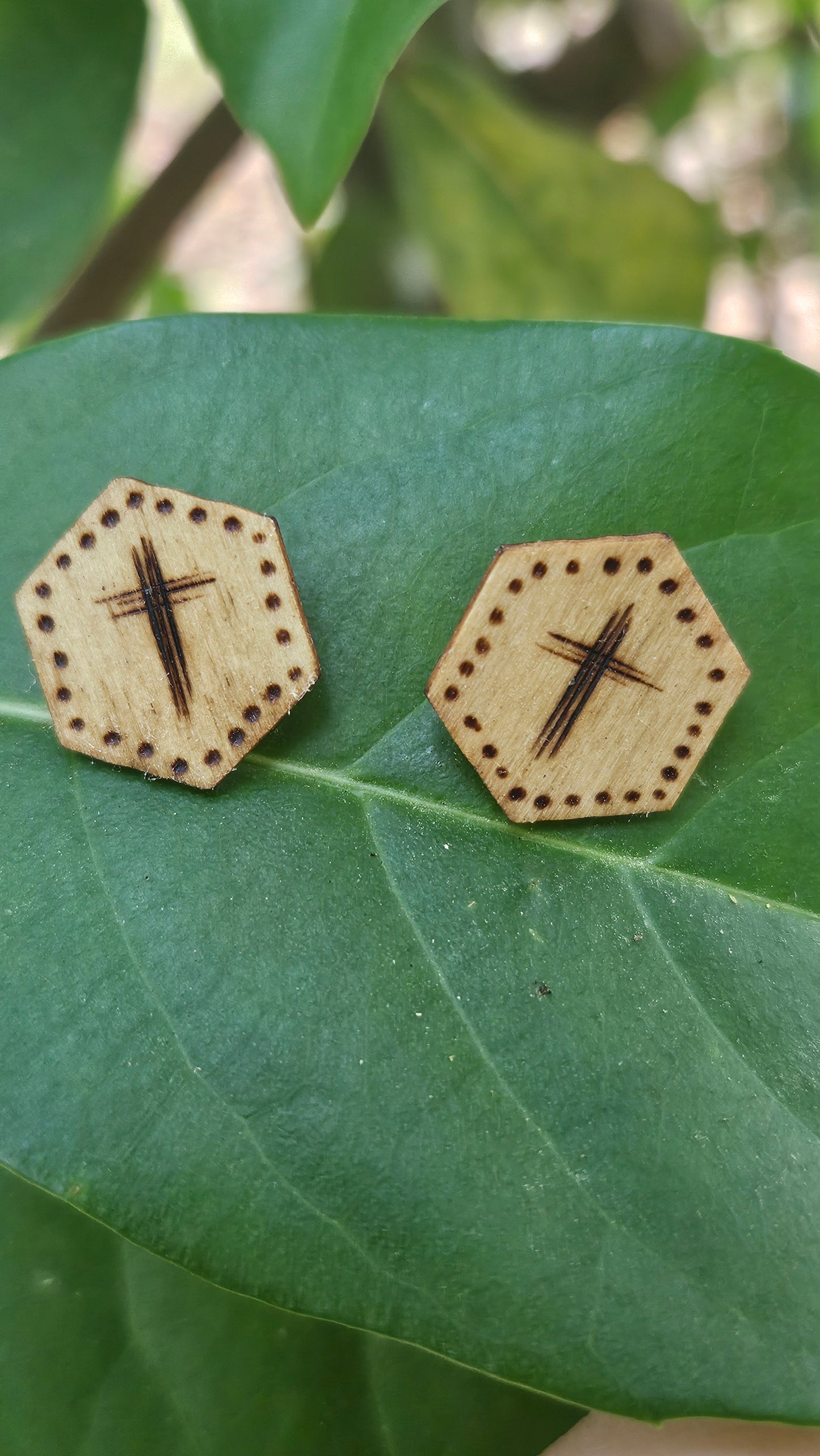Woodburned Cross Stud Earrings