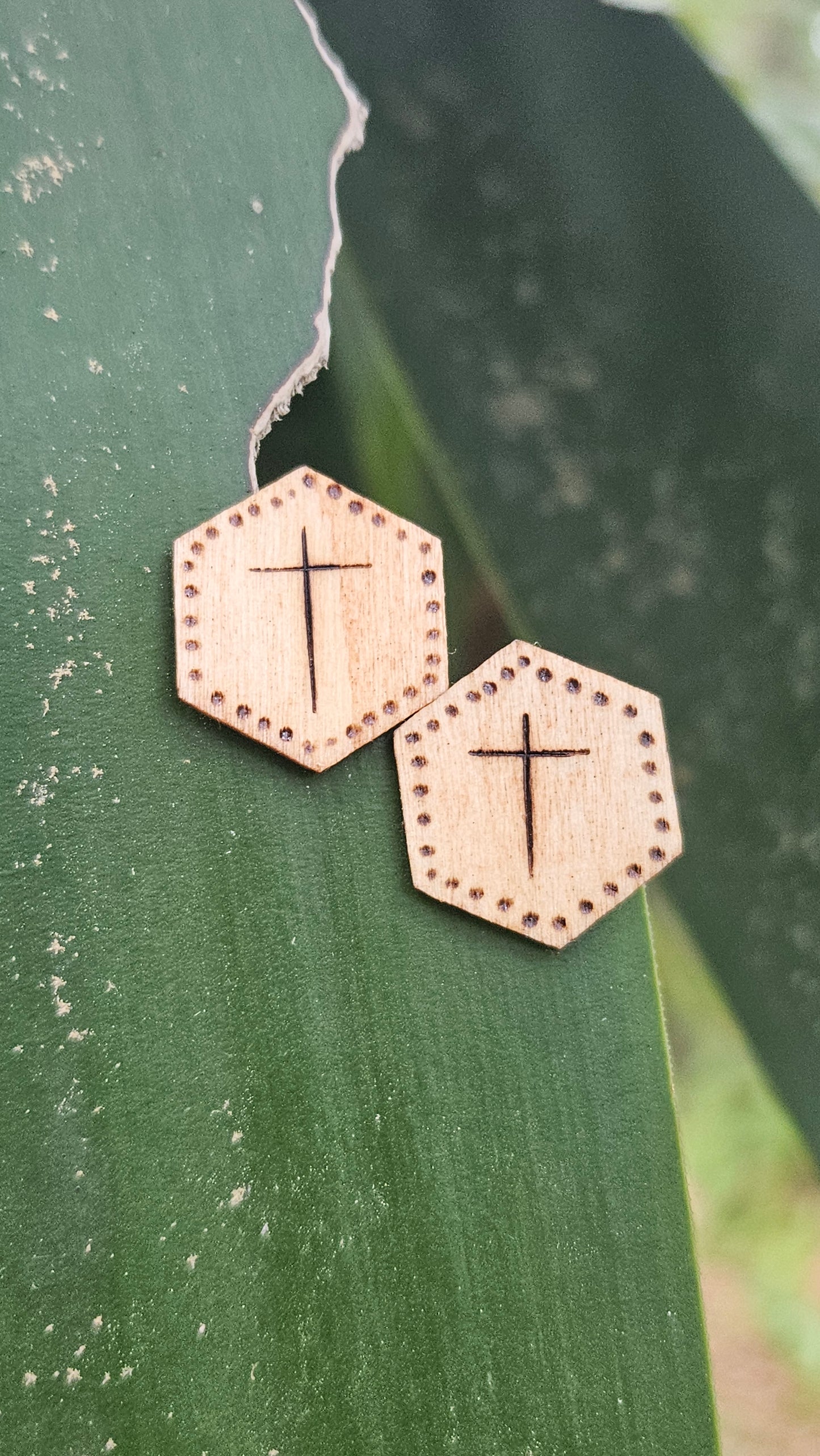 Woodburned Cross Stud Earrings