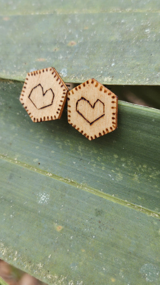 Woodburned Heart Stud Earrings