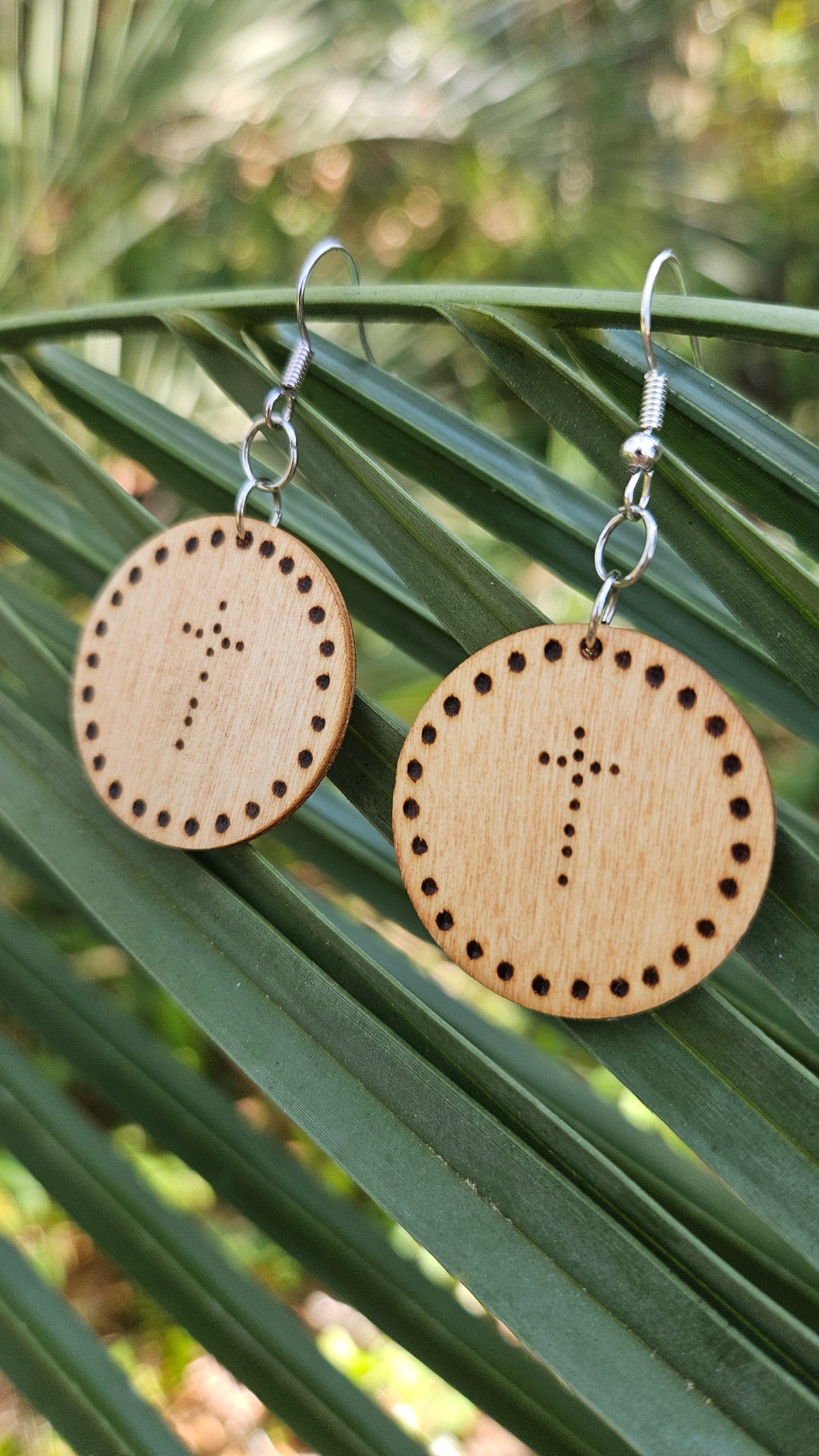Round Small Woodburned Hook Earrings with Cross