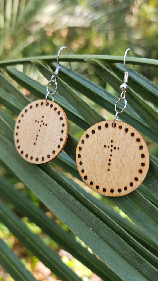 Round Small Woodburned Hook Earrings with Cross