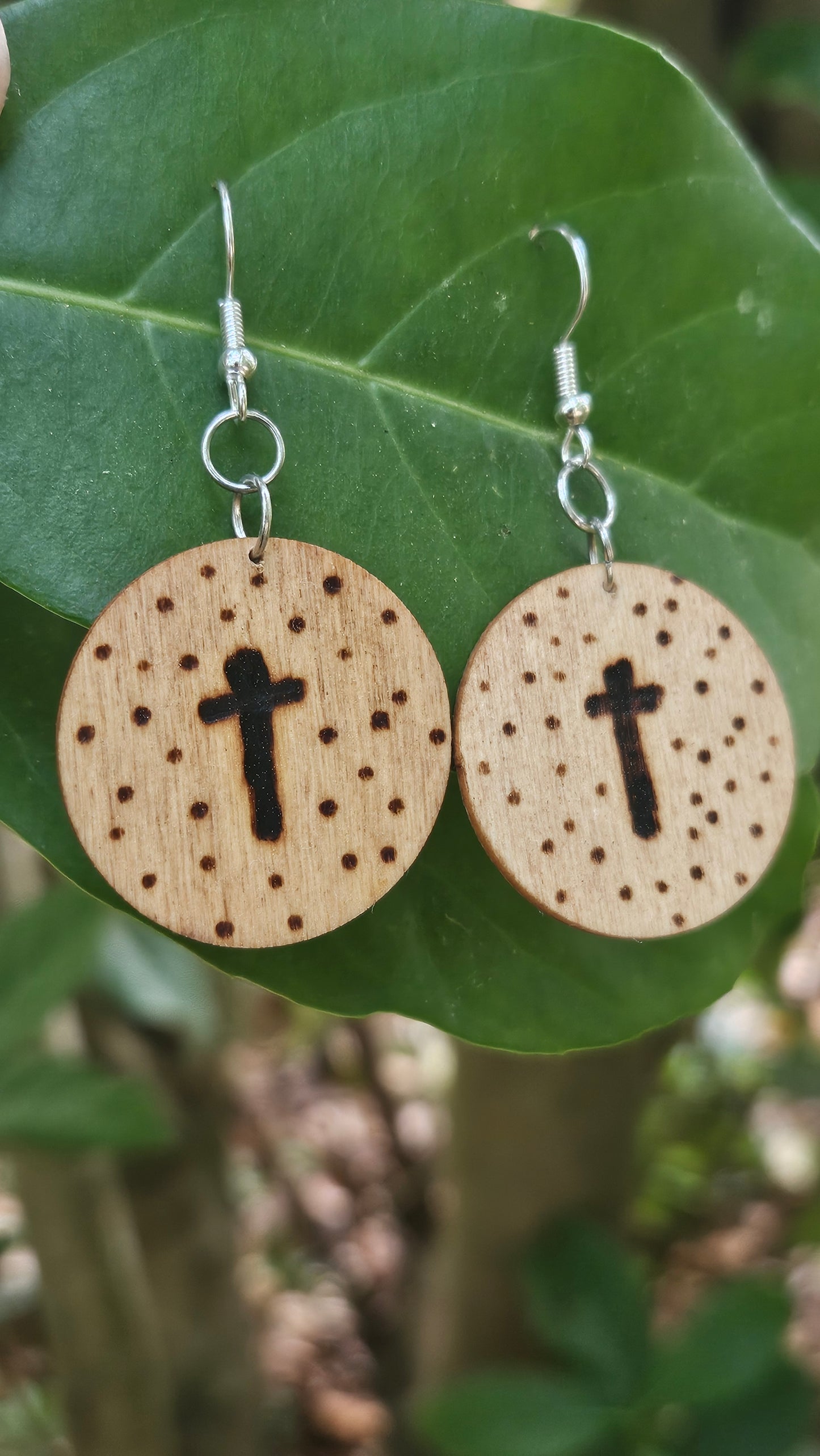 Round Small Woodburned Hook Earrings with Cross