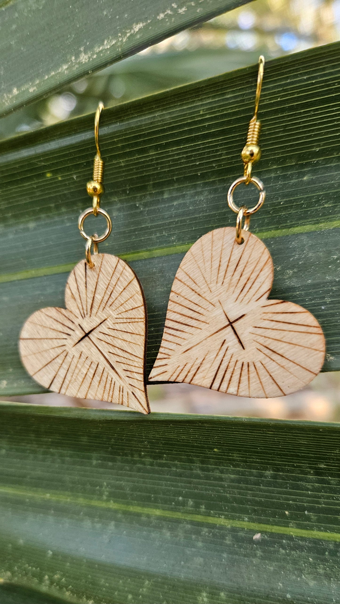 Heart Woodburned Hook Earrings with Crosses