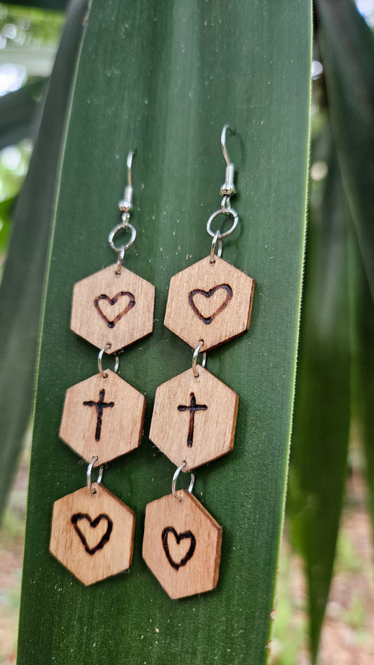 Woodburned Long Hook Earrings