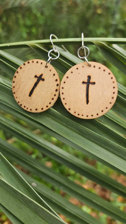 Round Small Woodburned Hook Earrings with Cross