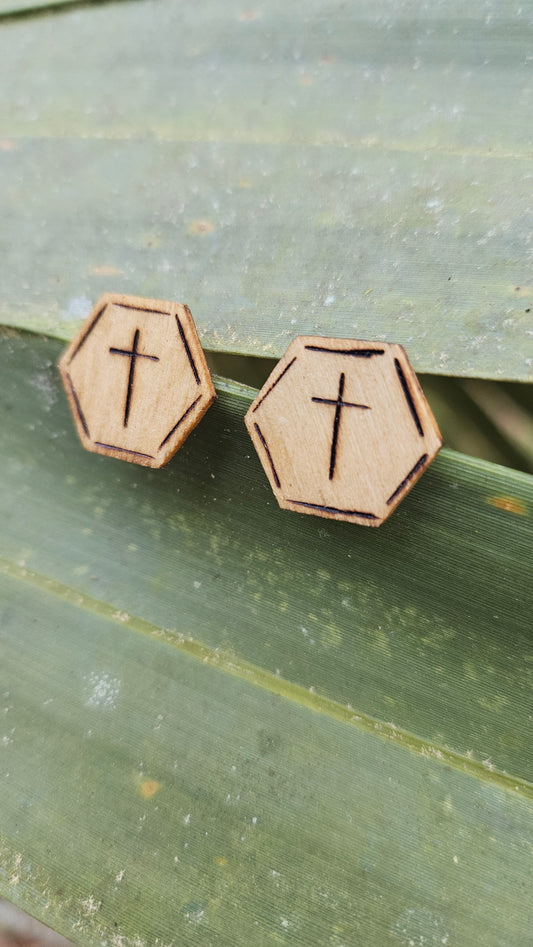 Woodburned Cross Stud Earrings